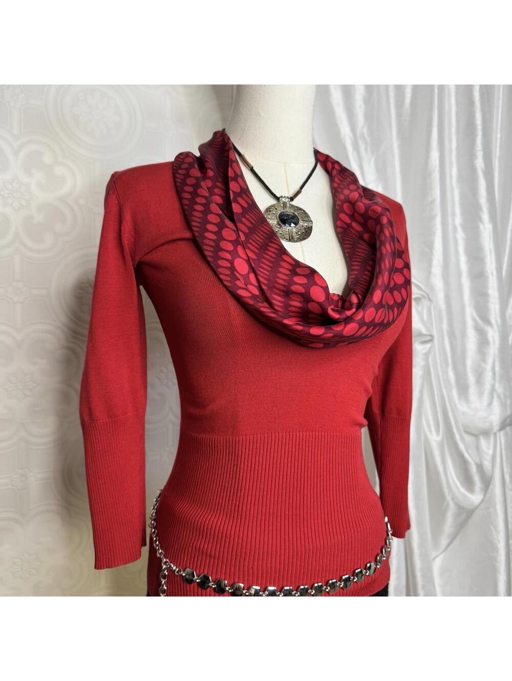 Vintage Bebe Cowl Neck Sweater Womens XS Red Polka Dot Ribbed Knit Long Sleeve